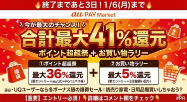 1/6まで au PAYマーケット「ポイント超超祭×お買い物ラリー」で最大41%還元は本当？